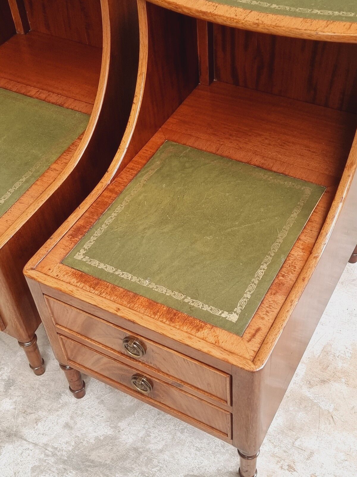 Set of mid century bedside tables with inlaid leather
