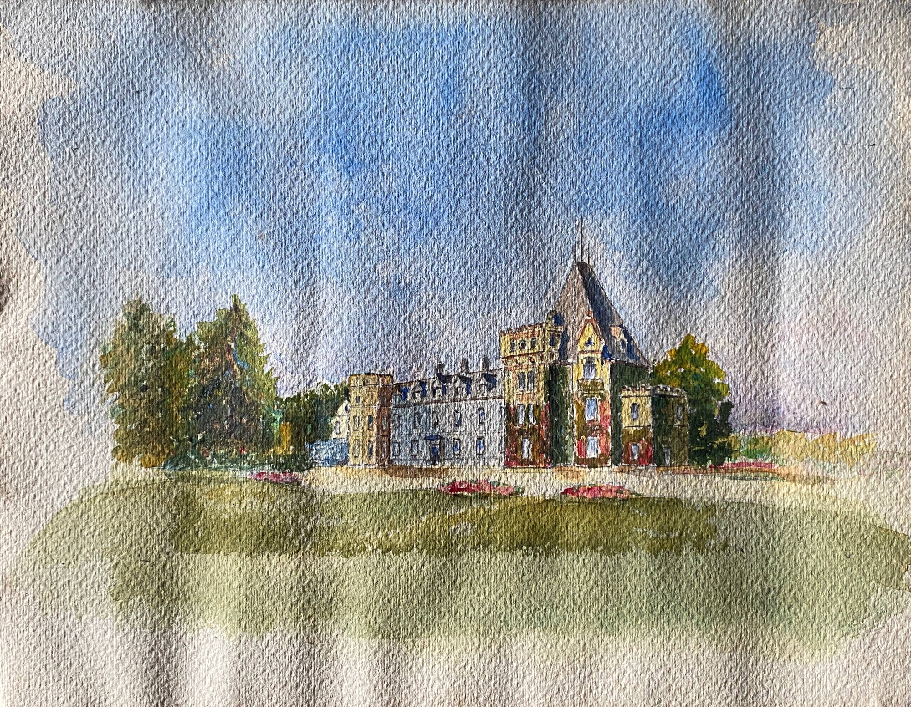Old watercolor painting "The Castle" with trees