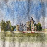 Old watercolor painting "The Castle" with trees