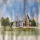 Old watercolor painting "The Castle" with trees