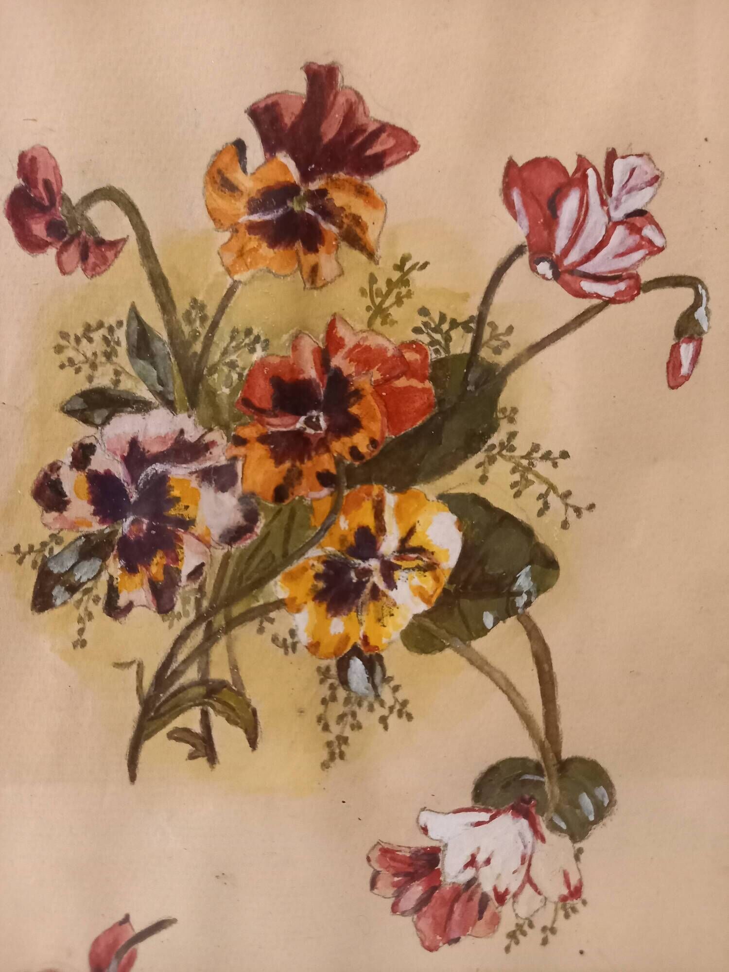 Old painting, gouache on paper, floral composition with pansies, framed under glass