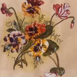 Tableau ancien, gouache sur papier, composition florale avec pensées, enacdré sous verre