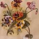 Old painting, gouache on paper, floral composition with pansies, framed under glass