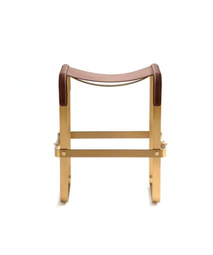 Tabouret de bar de cuisine contemporain, métal laiton vieilli et cuir marron foncé