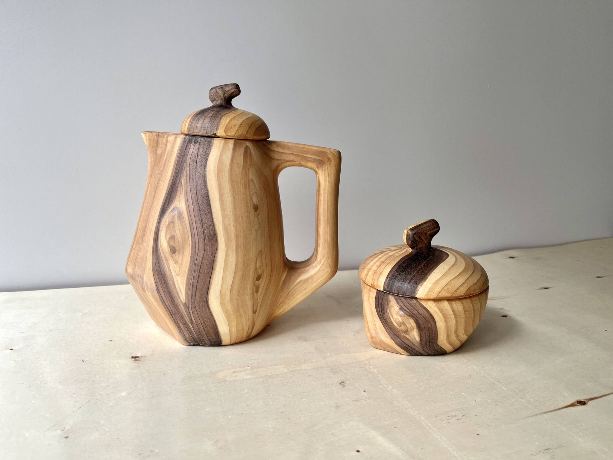 Vintage Grandjean Jourdan Vallauris faux wood coffee maker + sugar bowl
