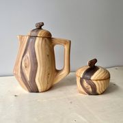 Vintage Grandjean Jourdan Vallauris faux wood coffee maker + sugar bowl