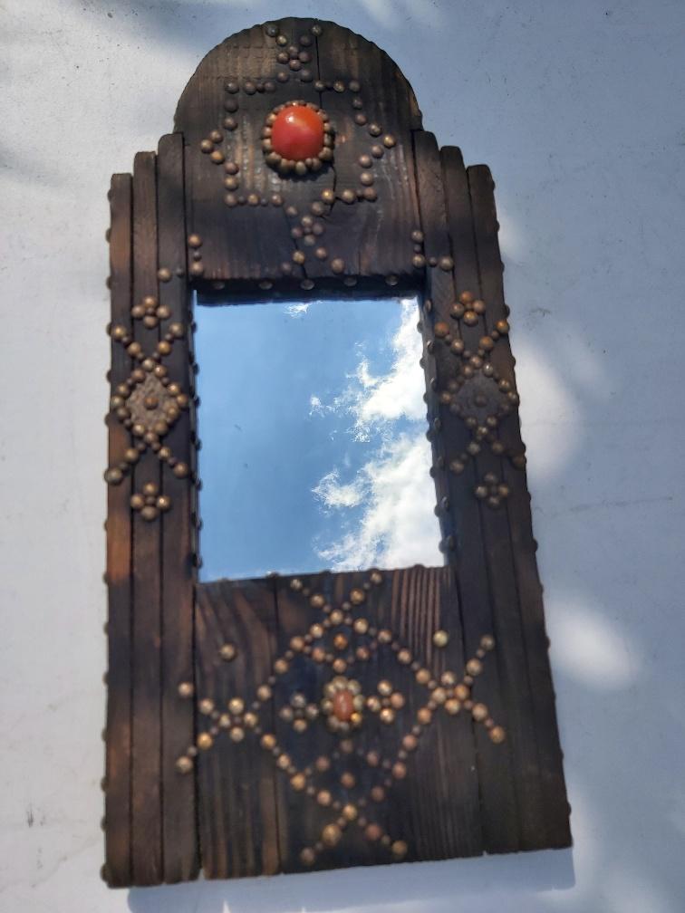 Ancient brutalist oriental wooden mirror 23x53cm
