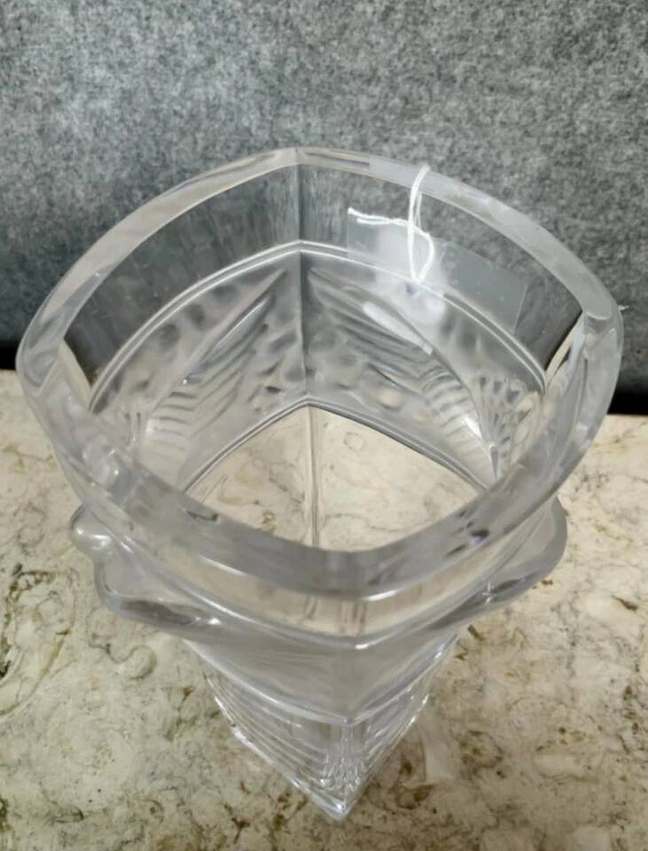 PORTIEUX: signed vase with square neck in pressed, satin-finished, matte white crystal