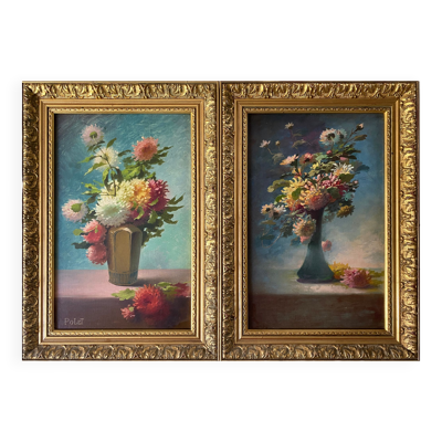 Tableaux XIX° pendant HST ''Bouquet de fleurs en vase'' signés Polet + cadre