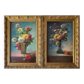 Tableaux XIX° pendant HST "Bouquet de fleurs en vase" signés Polet + cadre