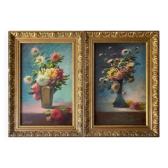 Tableaux XIX° pendant HST "Bouquet de fleurs en vase" signés Polet + cadre