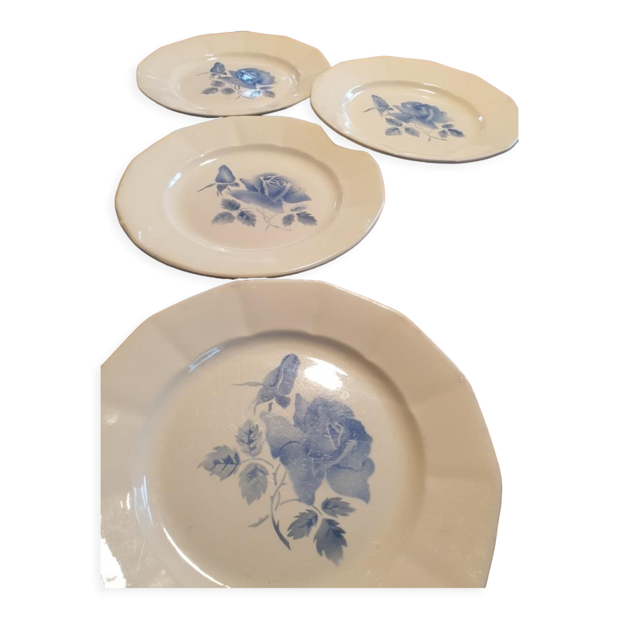 Set 4 flat plates Digoin blue flower