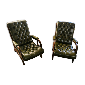 Pair of tufted leather armchairs in Chesterfield / English club style.