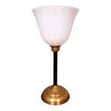 Large Art Deco table lamp, in brass and white opaline, 1920s-3