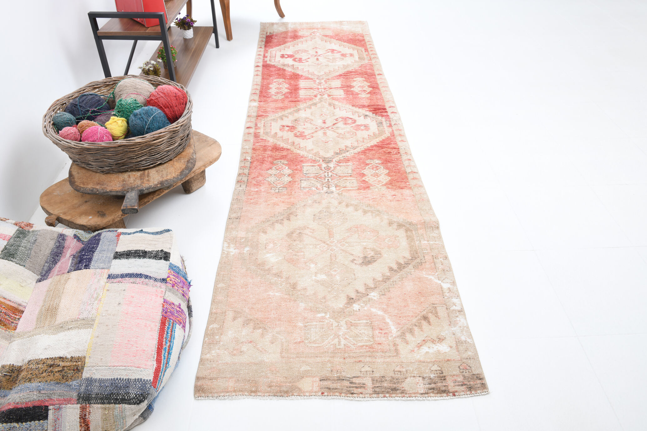 Faded red and beige vintage runner rug 322x85cm