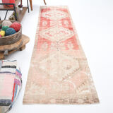 Faded red and beige vintage runner rug 322x85cm
