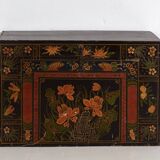 Antique wooden chest with lotus flower illustrations (China, circa 1900)