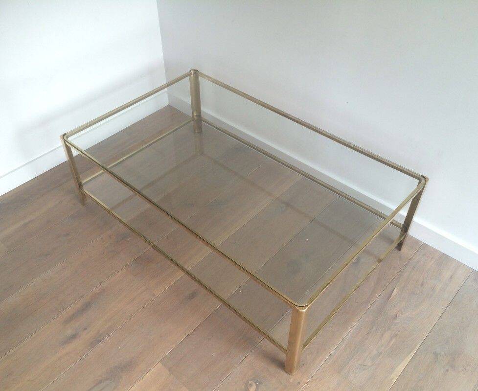 Large coffee table with a double top in polished bronze and glass, signed Jacques Théophile Lepelletier and stamped Broncz.