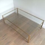 Grande table basse à double plateau en bronze poli et verre signé Jacques Théophile Lepelletier et estampillé Broncz