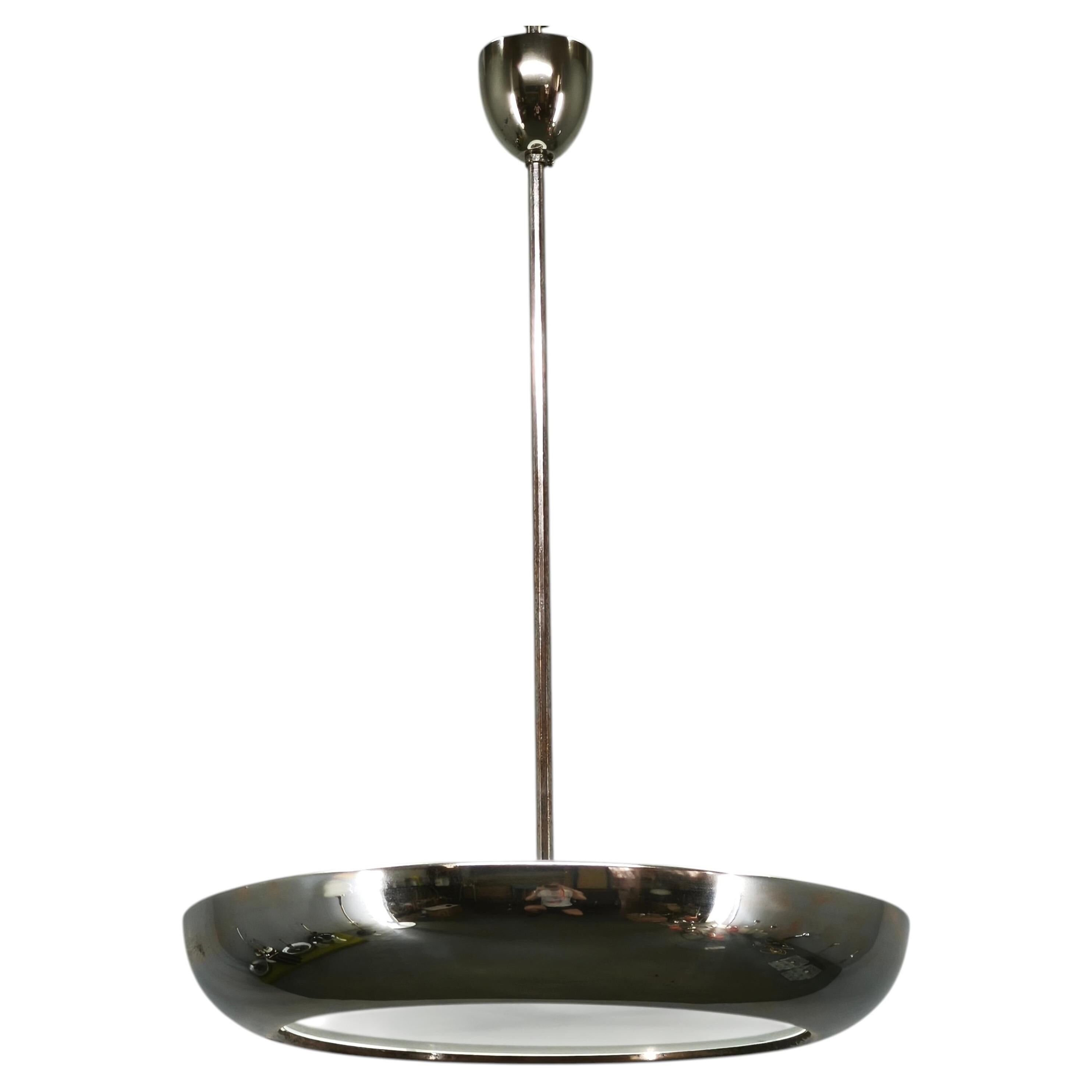 1930s Bauhaus UFO Chrome and Glass Pendant Light, Czechoslovakia