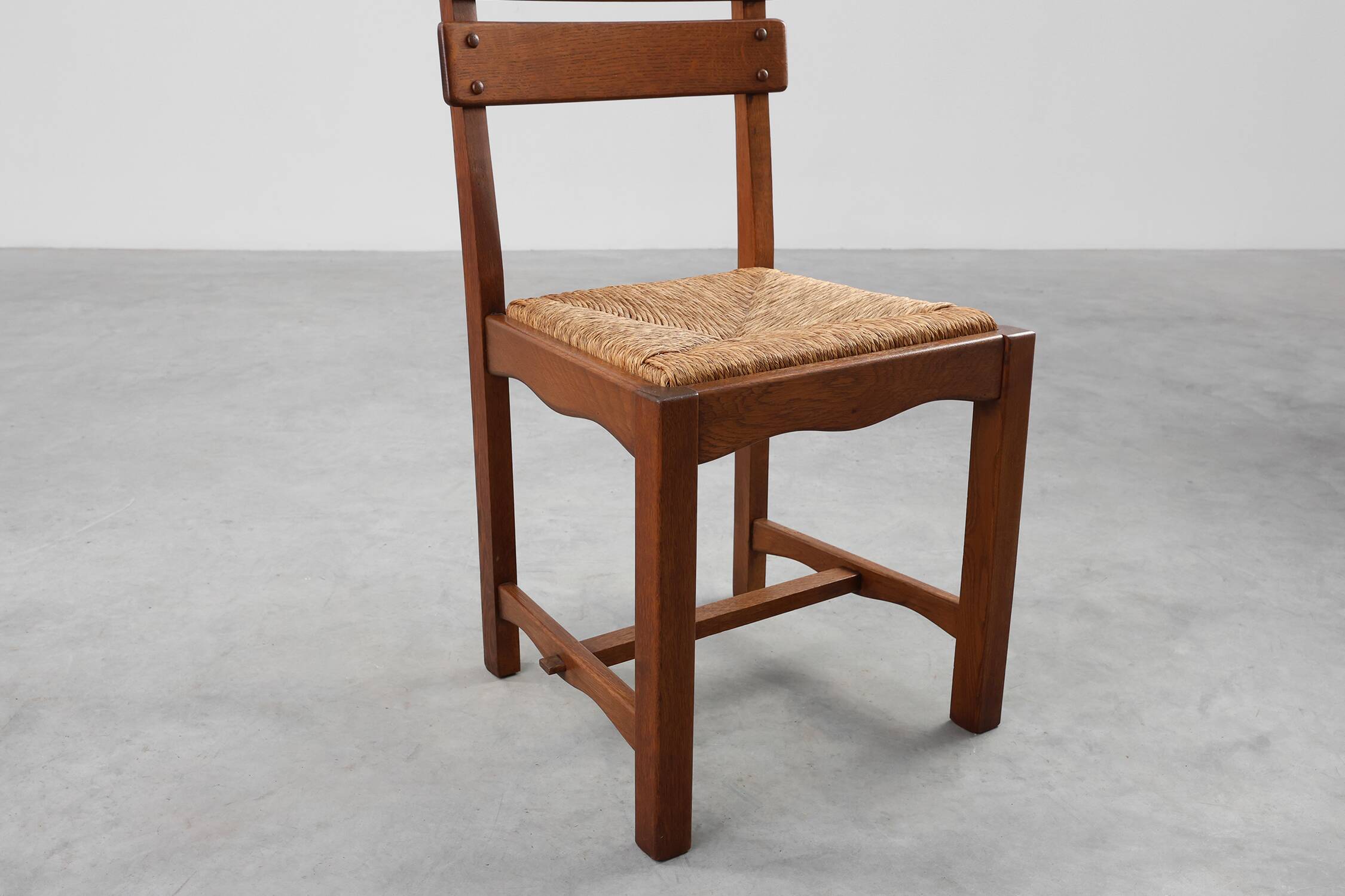 1960s Belgian Mid-Century Chair in Oak and Wicker, Brutalist Style