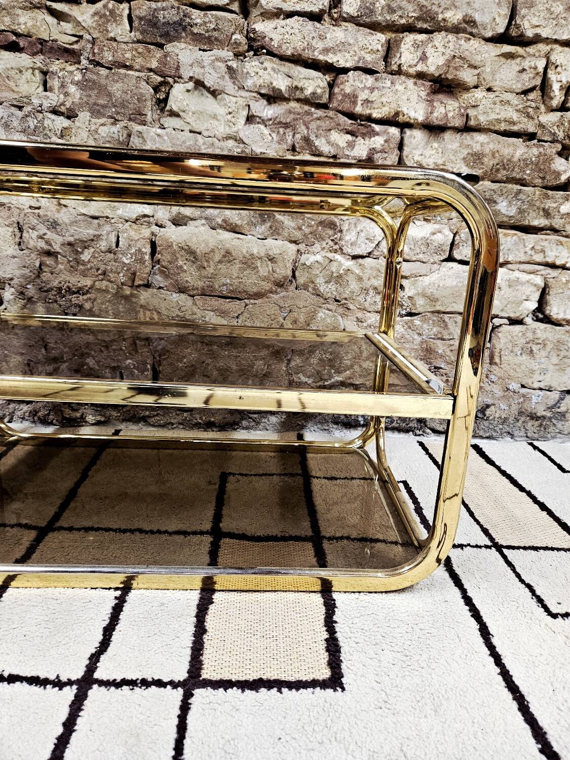 Brass coffee table with sliding top and smoked glass, 1970s vintage