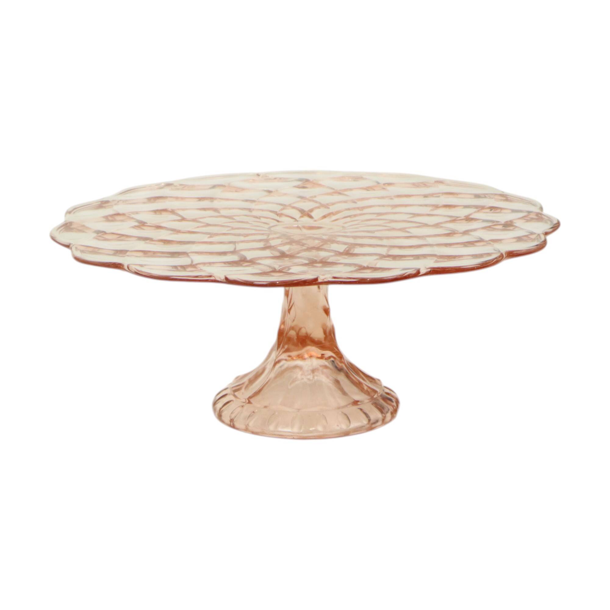 Pink Cake Stand Art Deco Pressed Glass Diamond Pattern