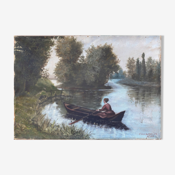 Tableau HST "Promenade en rivière" 1883 signé Chaussemier pour restauration