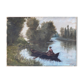 HST painting "River walk" 1883 signed Chaussemier for restoration