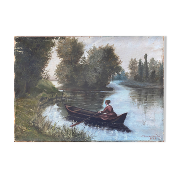 Tableau HST "Promenade en rivière" 1883 signé Chaussemier pour restauration