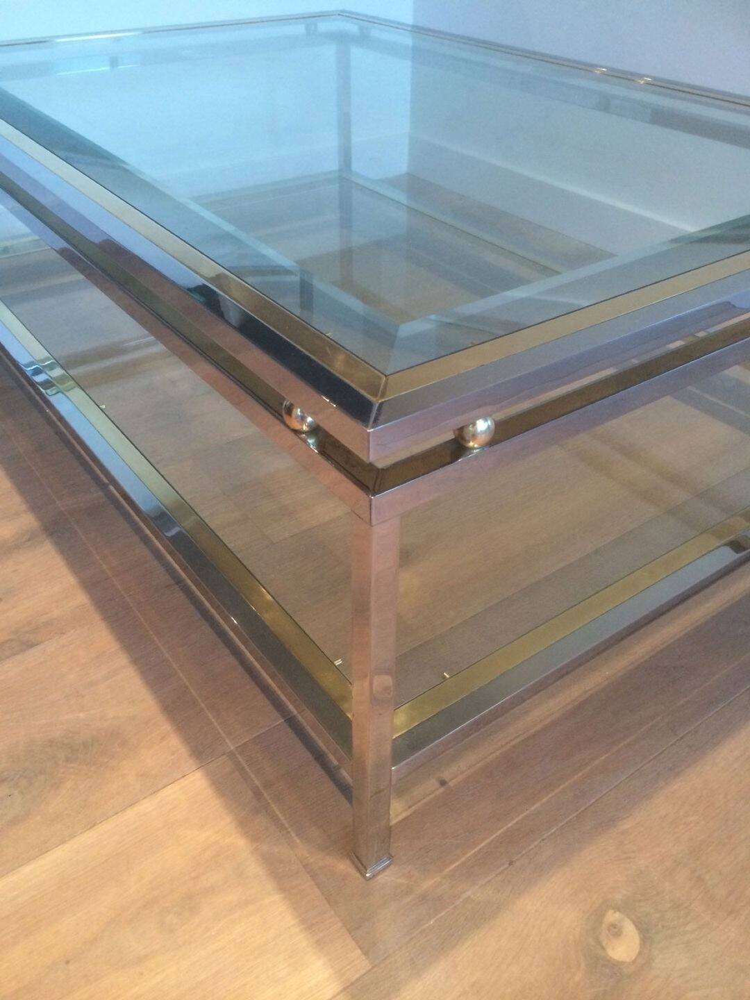 Table basse à double plateau en chrome et laiton