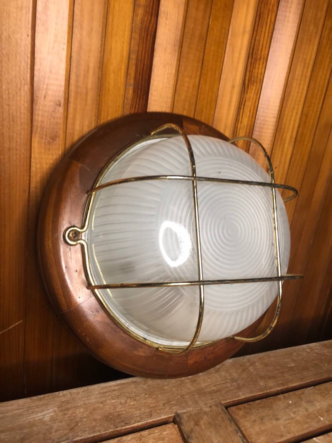 Old marine style ceiling light molded glass wood contour gold metal reinforcement #a624