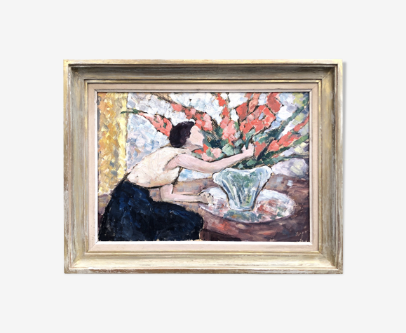 Tableau " La femme au bouquet de glaïeuls"