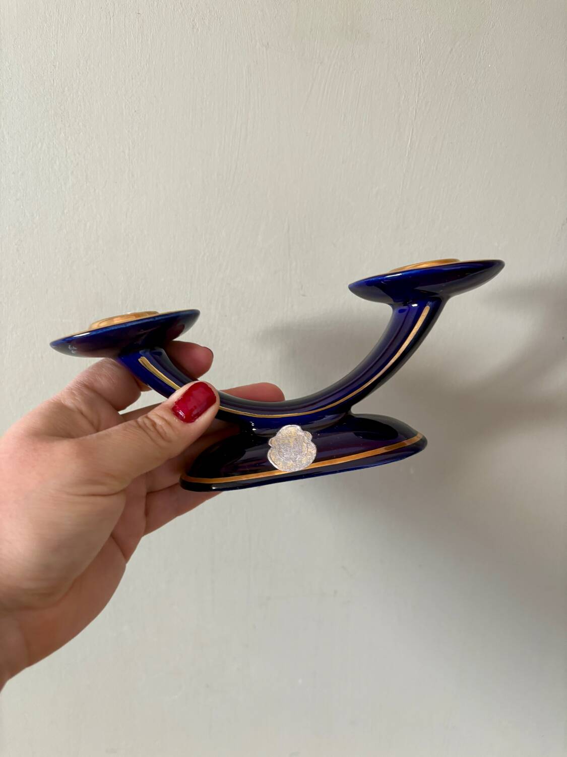 Set of 2 vintage blue and gold ceramic candle holders