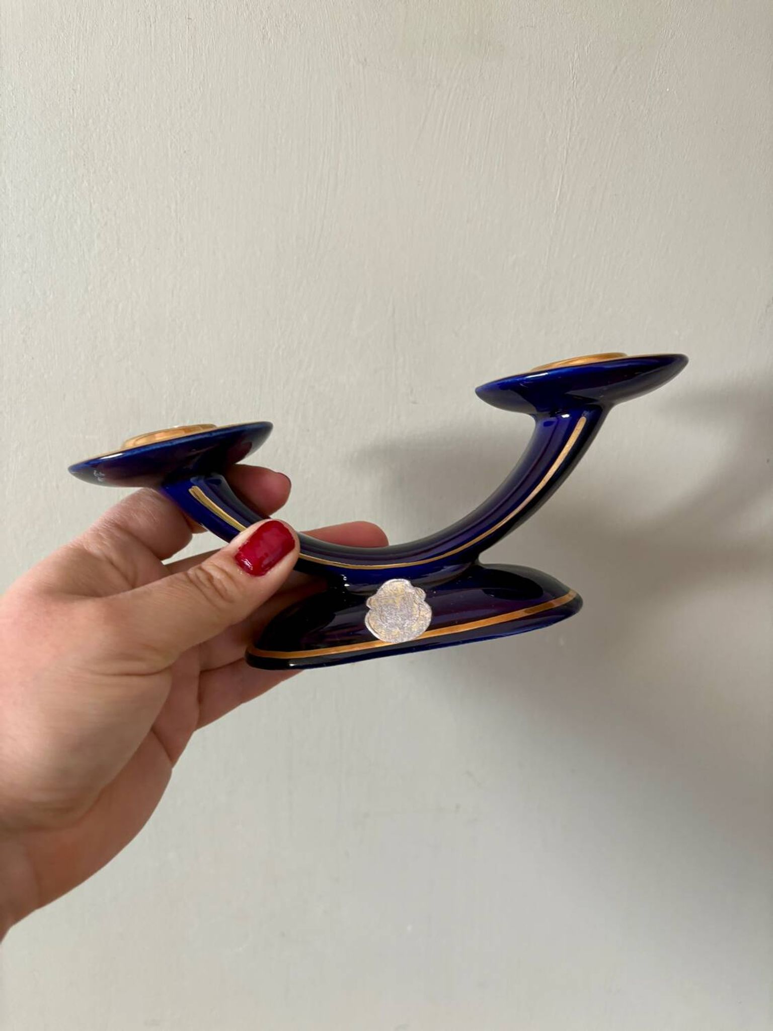 Set of 2 vintage blue and gold ceramic candle holders