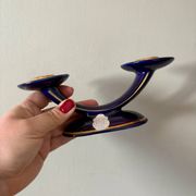 Set of 2 vintage blue and gold ceramic candle holders