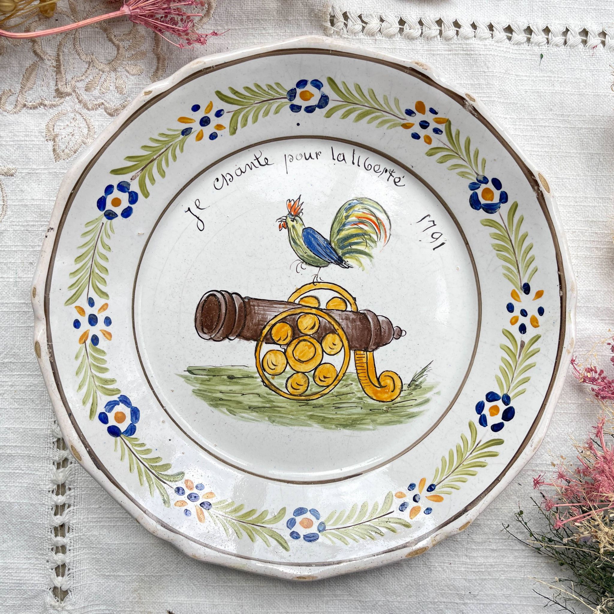 Antique French Earthenware Plate Revolutionary Rooster "I sing for freedom 1791" Nevers 19th century