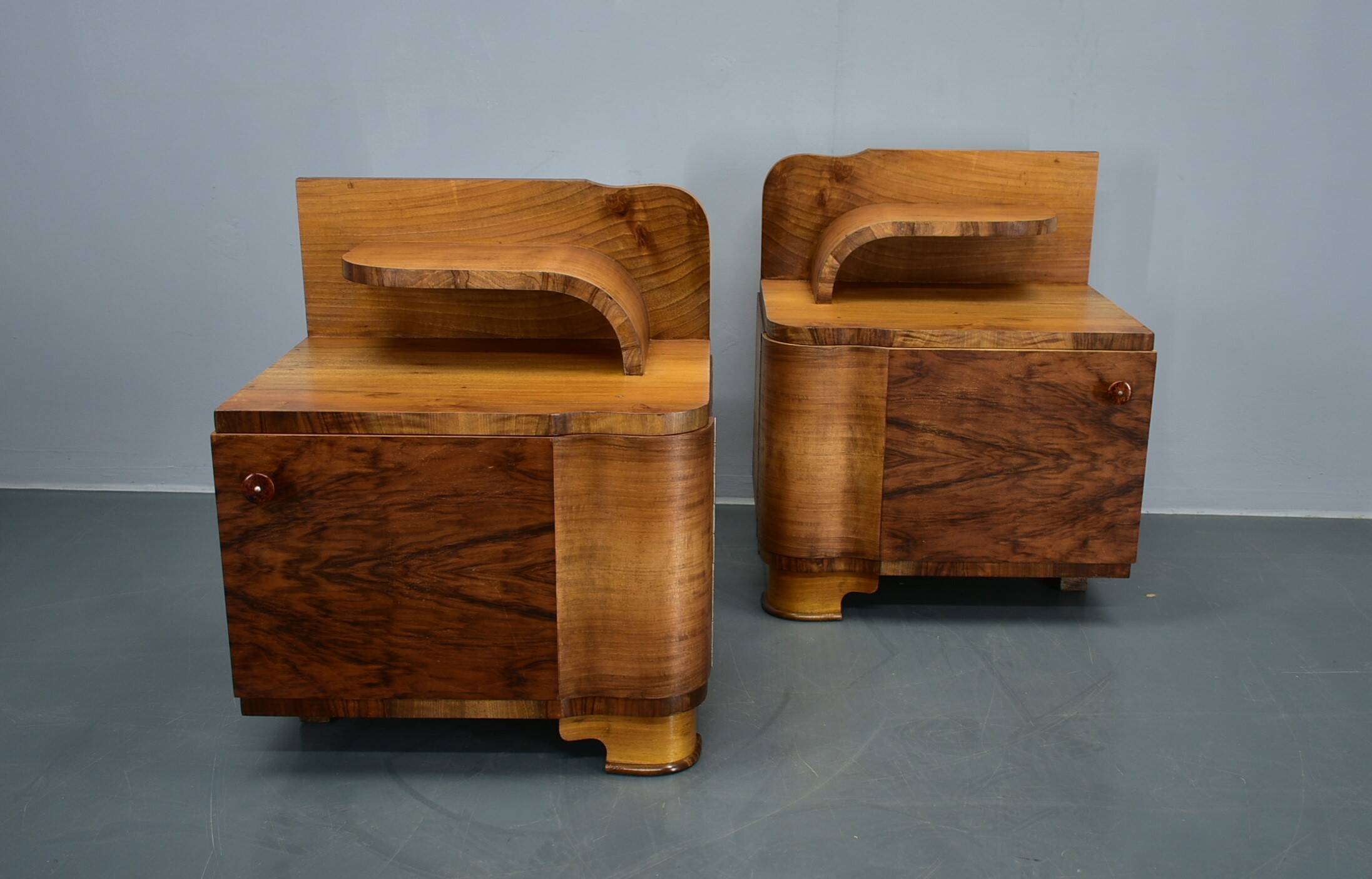 1930s Art Deco nightstands in walnut finish, Czechoslovakia