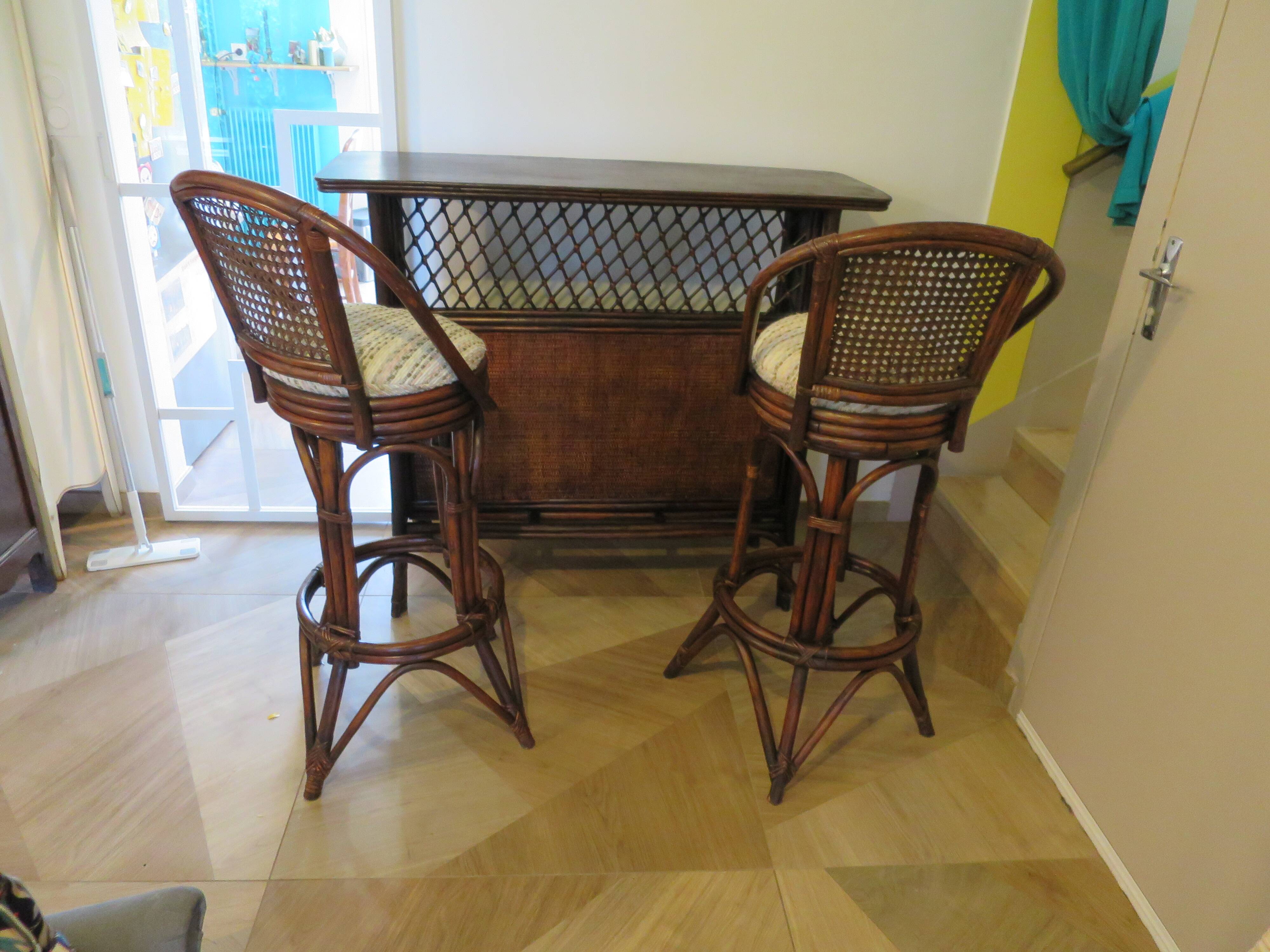 Set of 2 swivel bar stools / chairs - wood - cane - rattan - 80s