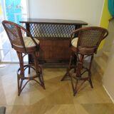 Set of 2 swivel bar stools / chairs - wood - cane - rattan - 80s