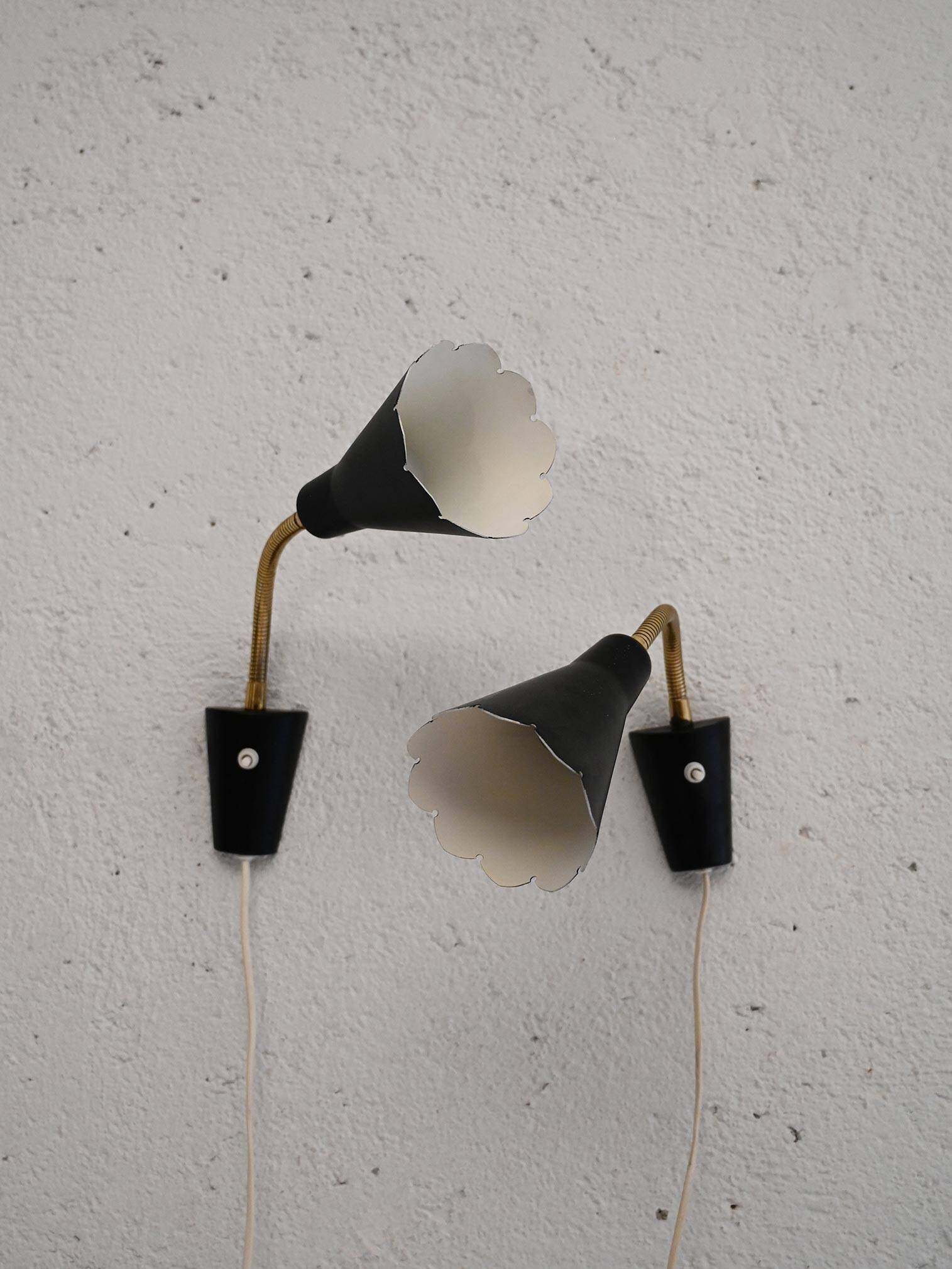 Pair of 1950s/60s Black Scandinavian Wall Lamps