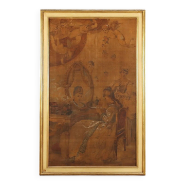 Antique tapestry on canvas "Reading the Letter" 19th Century
