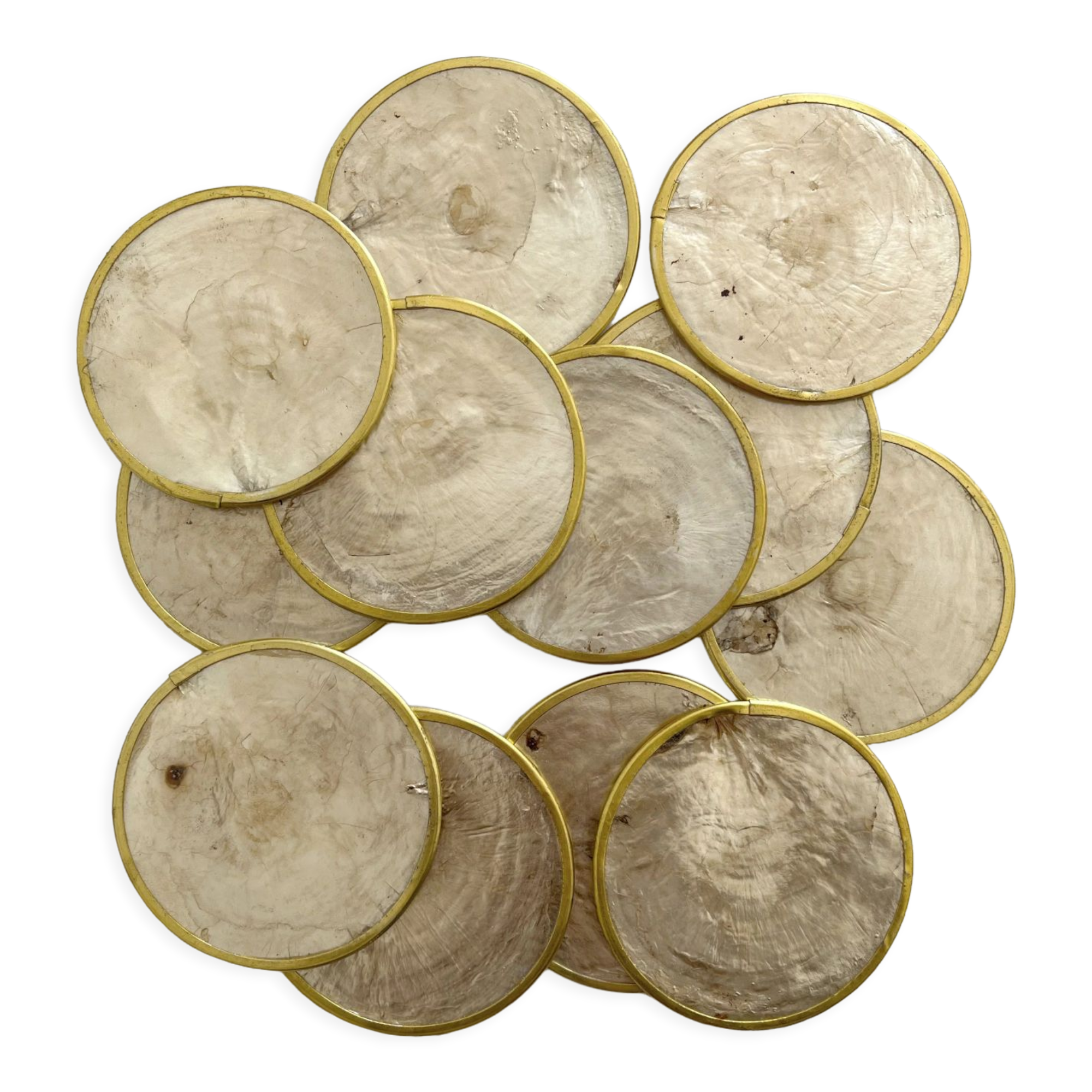 12 coasters in mother-of-pearl and vintage brass