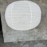 Large pendant lamp in rattan and natural linen Japanese style flattened round (Labu) H57 D80