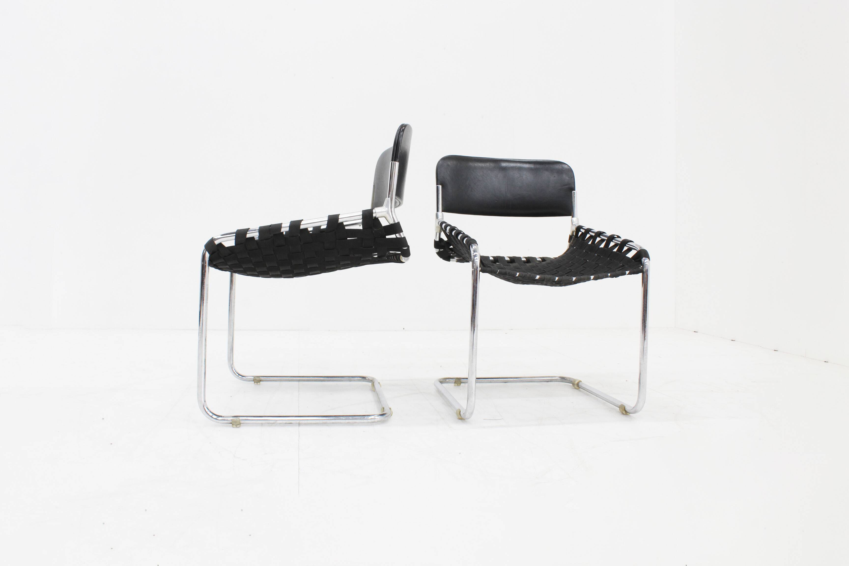 Set Vintage italian chairs black leather and chrome 1970s
