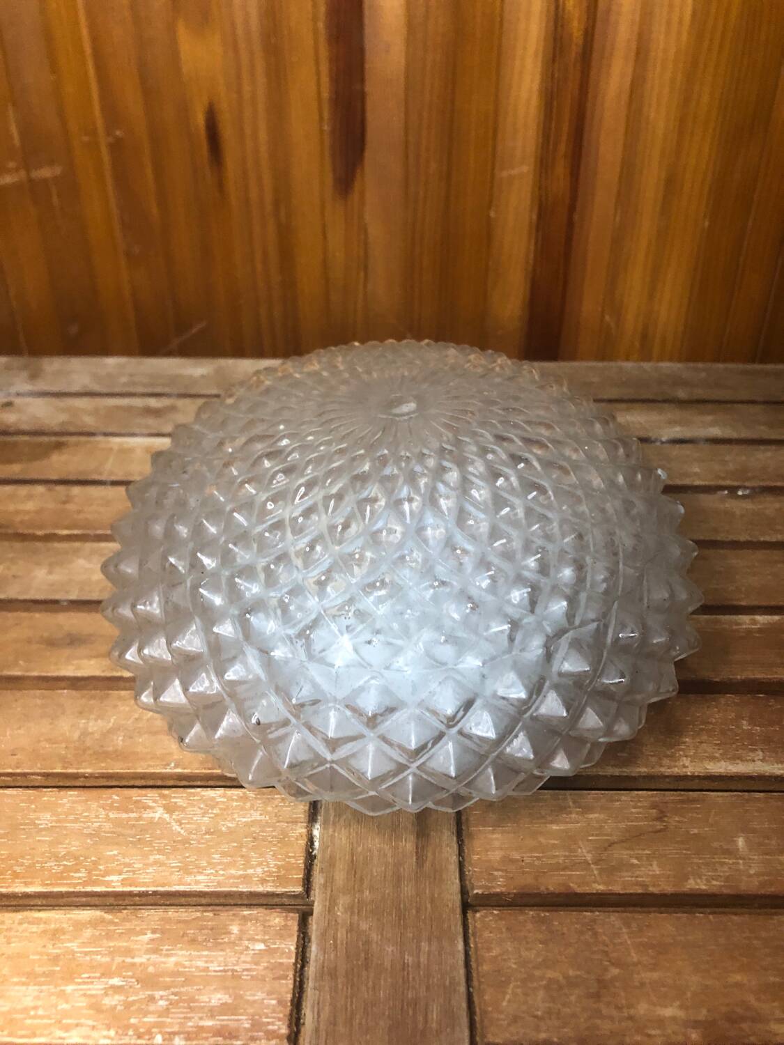 Old molded glass ceiling light + vintage white metal support