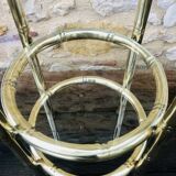 Vintage faux bamboo pedestal table in brass with 2 glass shelves