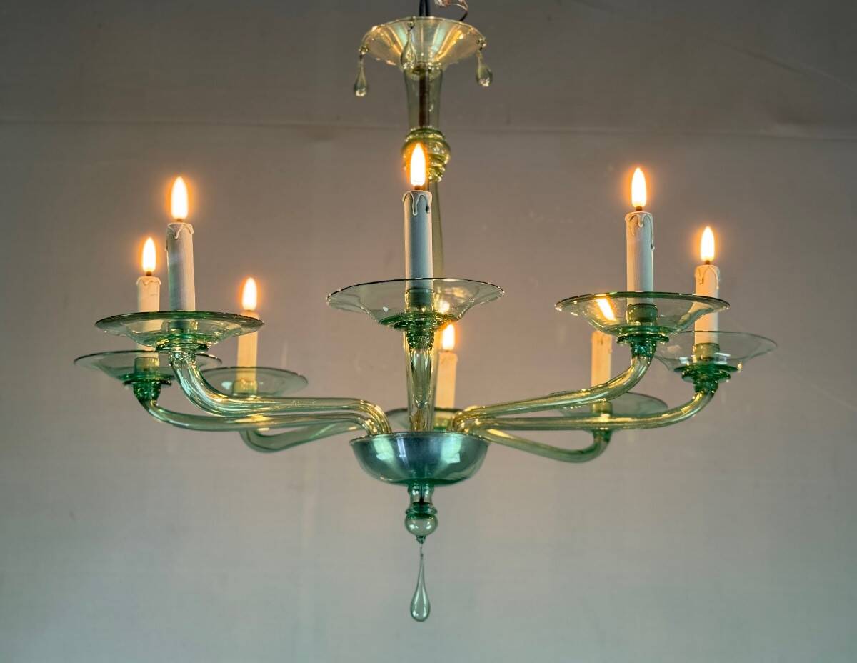 Green Murano glass Venetian chandelier, Venini, circa 1920
