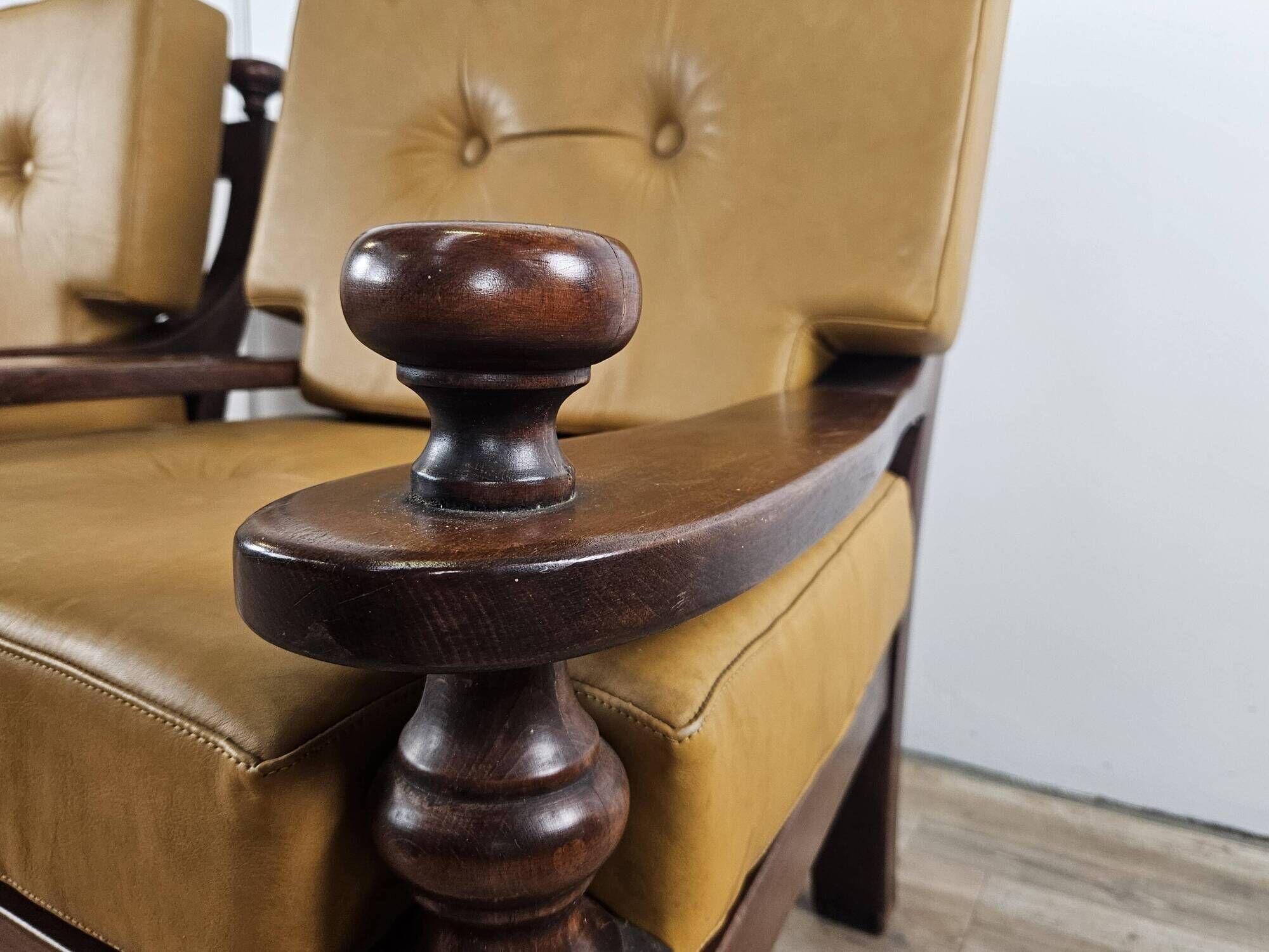 1980s leather and solid wood armchairs