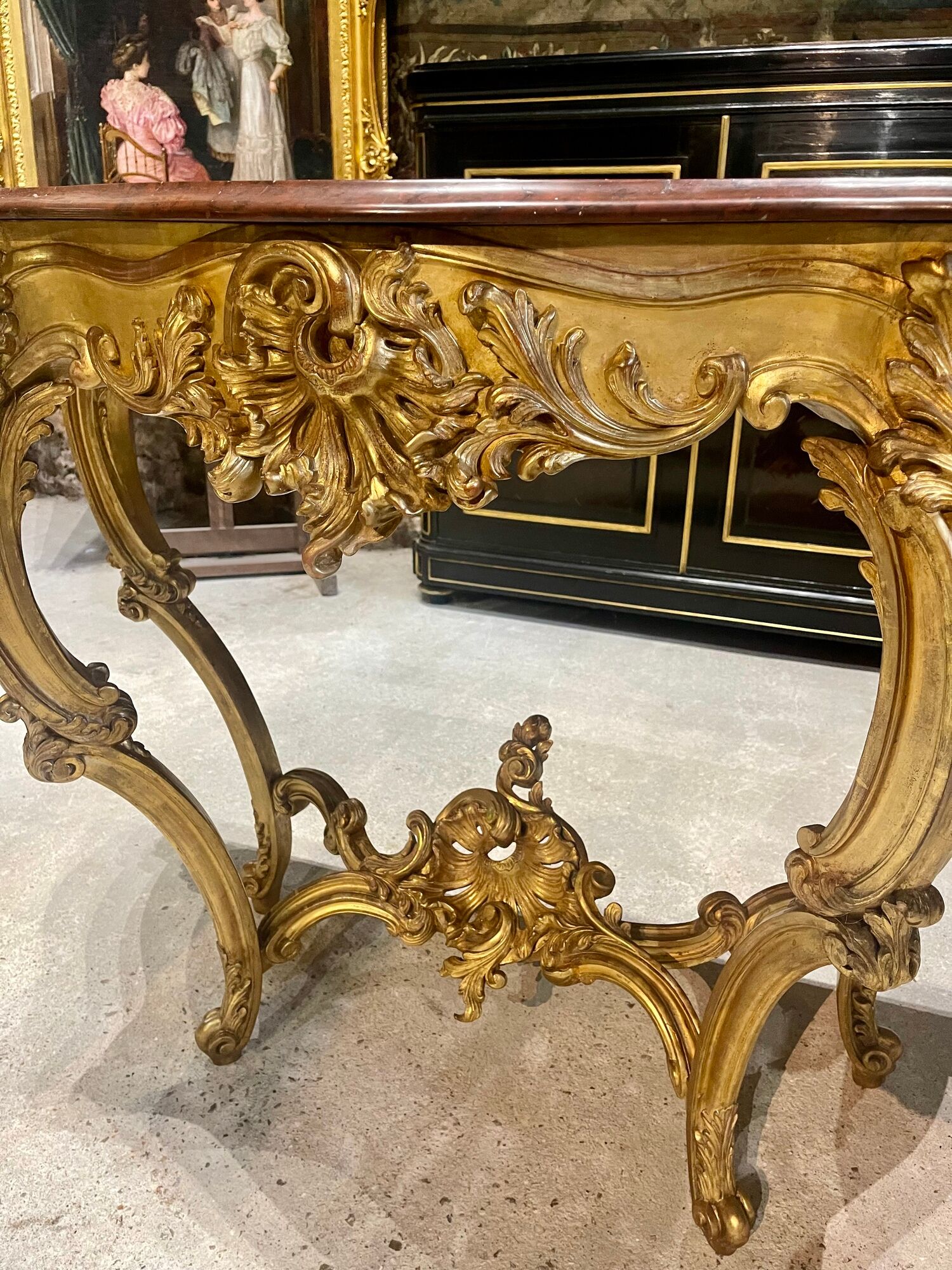 Console 4 legs Louis XV style Gilded wood period Napoleon III Griotte marble top